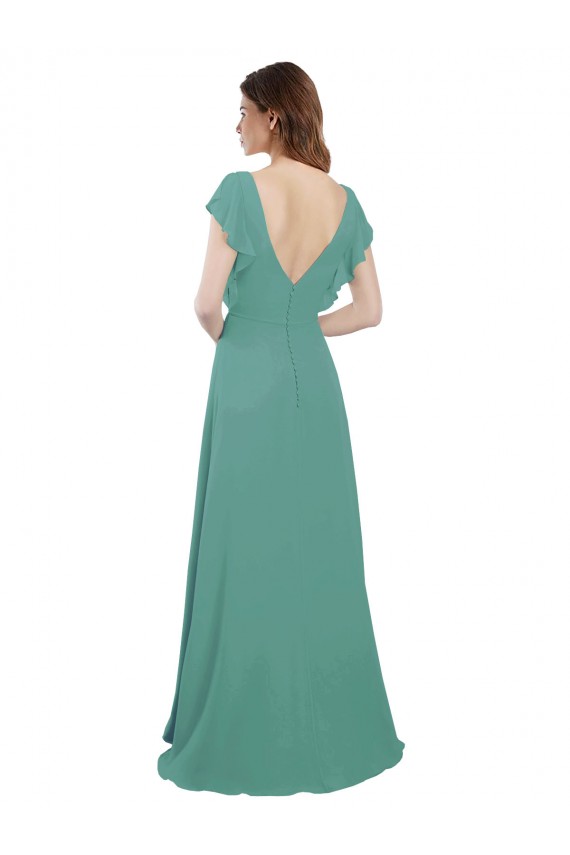 Compre Plata islandesa línea A Cuello en V Gasa Largo Vestidos de dama de honor