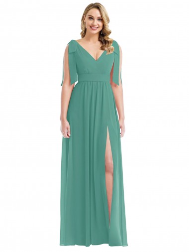 Compre Plata islandesa línea A Cuello en V Gasa Largo Vestidos de dama de honor