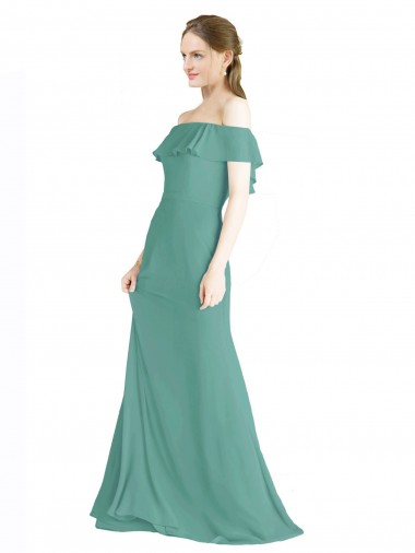 Compre Plata islandesa línea A Hombros Descubiertos Gasa Largo Vestidos de dama de honor