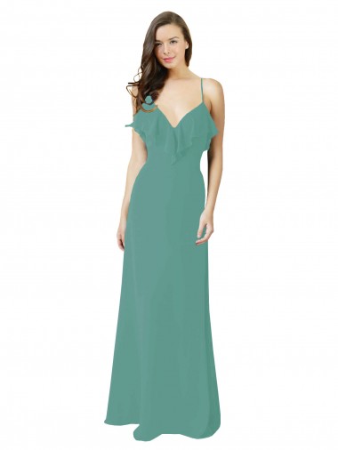 Compre Plata islandesa línea A Tirantes espagueti Cuello en V Gasa Largo Vestidos de dama de honor