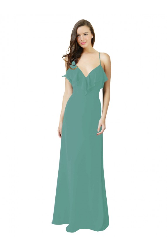 Compre Plata islandesa línea A Tirantes espagueti Cuello en V Gasa Largo Vestidos de dama de honor