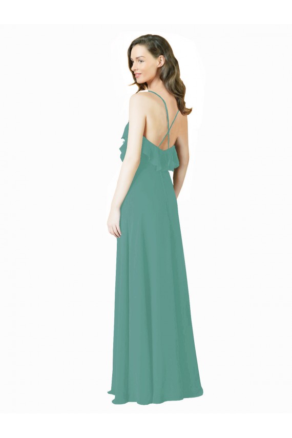 Compre Plata islandesa línea A Tirantes espagueti Cuello en V Gasa Largo Vestidos de dama de honor