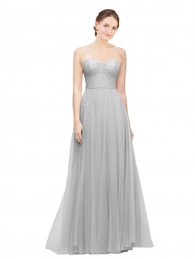 Compre Plata línea A Cuello de Corazón Tul Largo Vestidos de dama de honor
