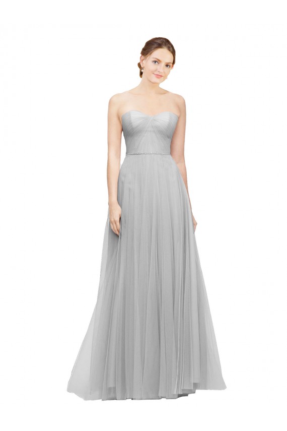 Compre Plata línea A Cuello de Corazón Tul Largo Vestidos de dama de honor