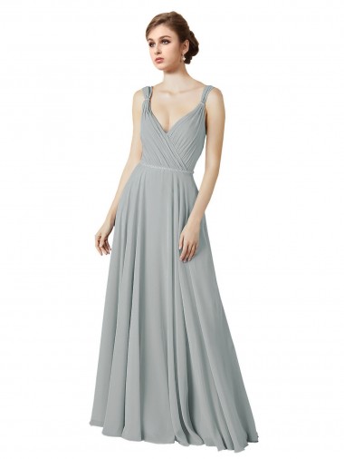 Compre Plata línea A Cuello en V Gasa Largo Vestidos de dama de honor