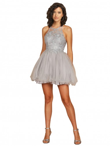 Compre Plata línea A Halter Corto Tul Corto Vestidos de dama de honor / Vestidos de cóctel / Vestidos para homecoming