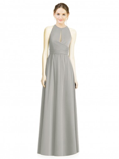 Compre Plata línea A Halter Gasa Largo Vestidos de dama de honor