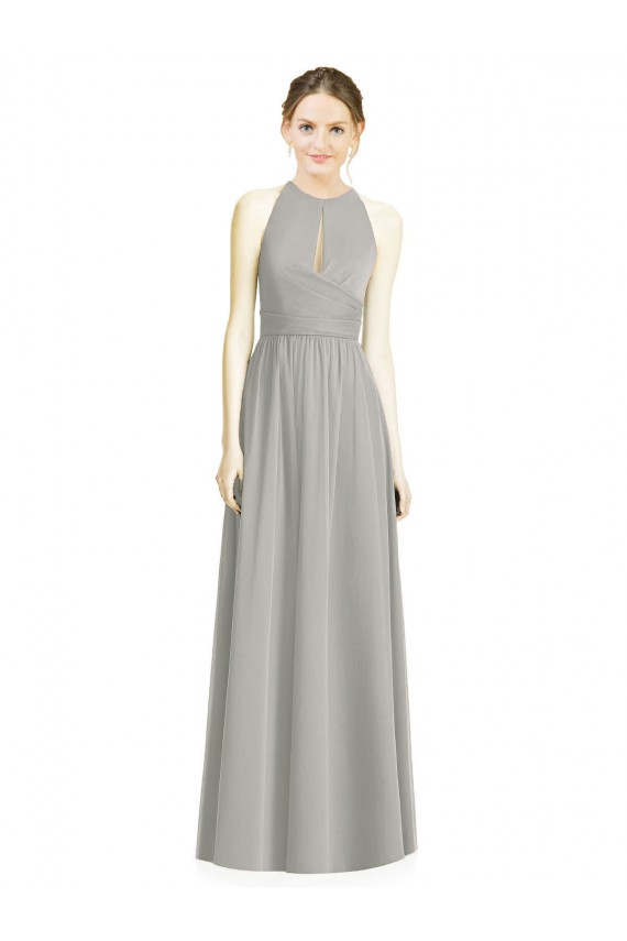 Compre Plata línea A Halter Gasa Largo Vestidos de dama de honor