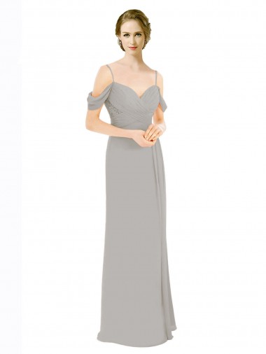 Compre Plata línea A Hombros Descubiertos Tirantes espagueti Gasa Encaje Largo Vestidos de dama de honor