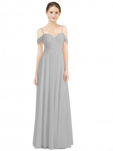Compre Plata línea A Hombros Descubiertos Tirantes espagueti Gasa Largo Vestidos de dama de honor