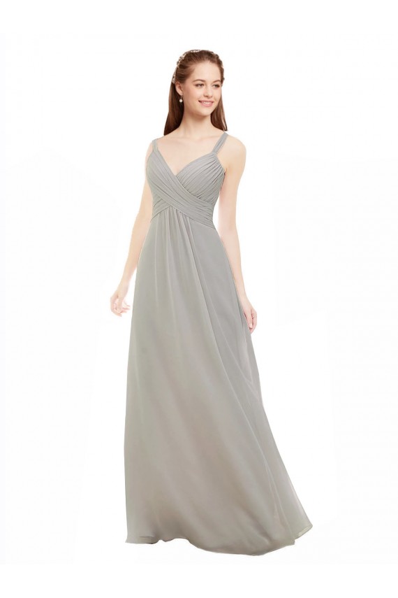Compre Plata línea A Tirantes espagueti Cuello en V Gasa Largo Vestidos de dama de honor