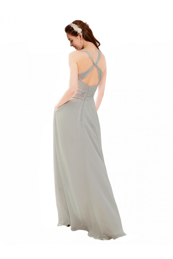 Compre Plata línea A Tirantes espagueti Cuello en V Gasa Largo Vestidos de dama de honor