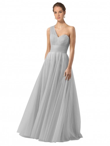 Compre Plata línea A Un Hombre Tul Largo Vestidos de dama de honor