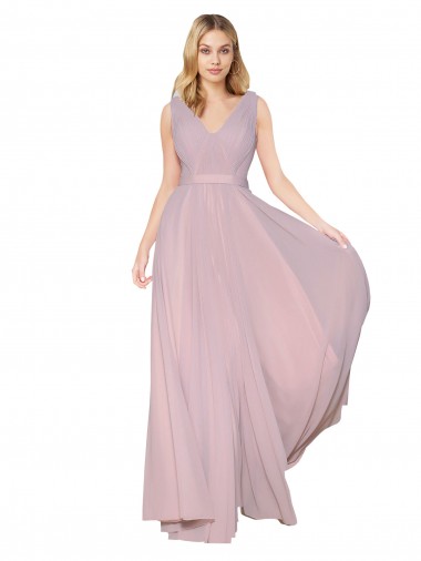 Compre Primavera línea A Cuello en V Cuello Alto Gasa Largo Formales Vestidos de dama de honor / Vestidos de fiesta