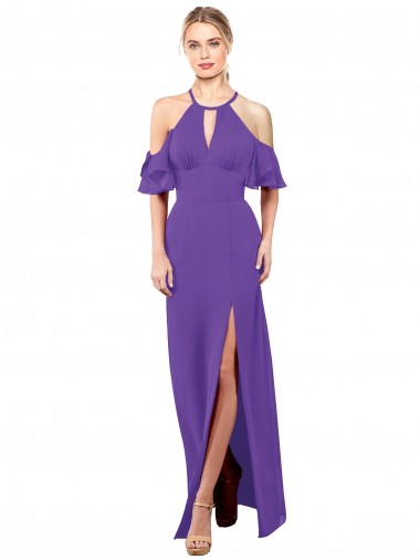 Compre Púrpura línea A Halter Gasa Largo Vestidos de dama de honor