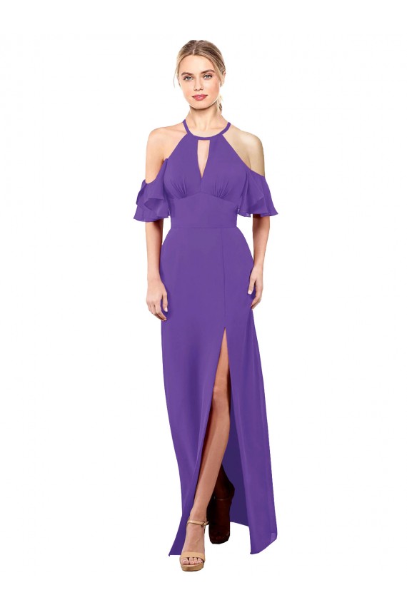Compre Púrpura línea A Halter Gasa Largo Vestidos de dama de honor