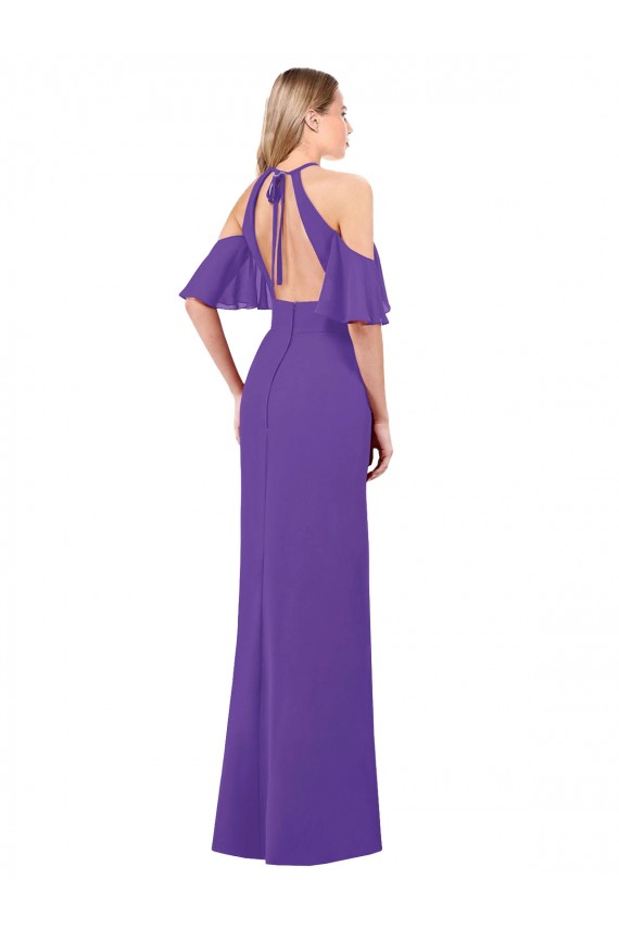 Compre Púrpura línea A Halter Gasa Largo Vestidos de dama de honor