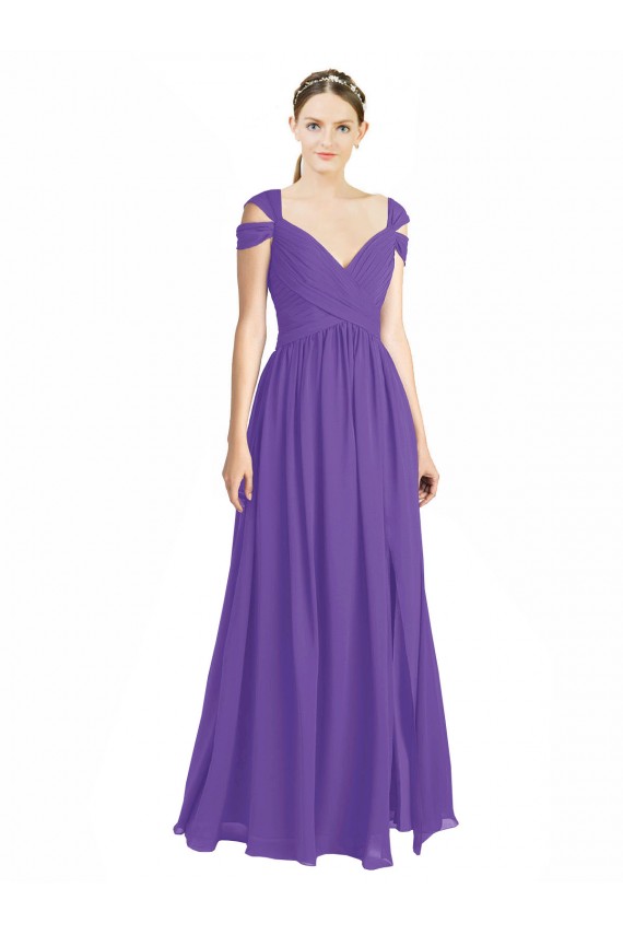 Compre Púrpura línea A Hombros Descubiertos Gasa Largo Vestidos de dama de honor
