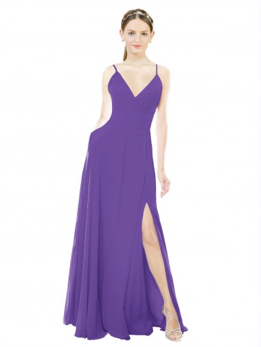 Compre Púrpura línea A Tirantes espagueti Cuello en V Gasa Largo Vestidos de dama de honor