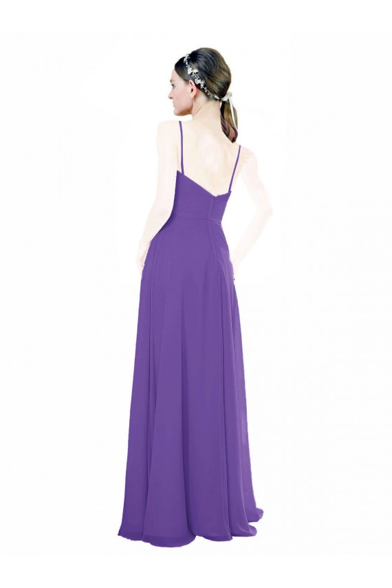 Compre Púrpura línea A Tirantes espagueti Cuello en V Gasa Largo Vestidos de dama de honor