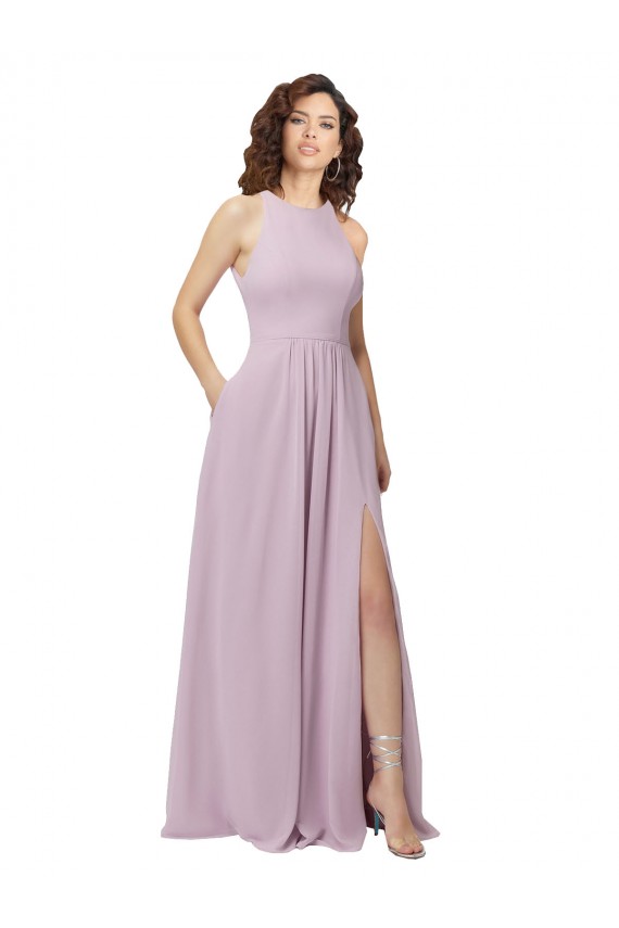 Compre Resplandor rosa línea A Halter Cuello Alto Gasa Largo Vestidos de dama de honor