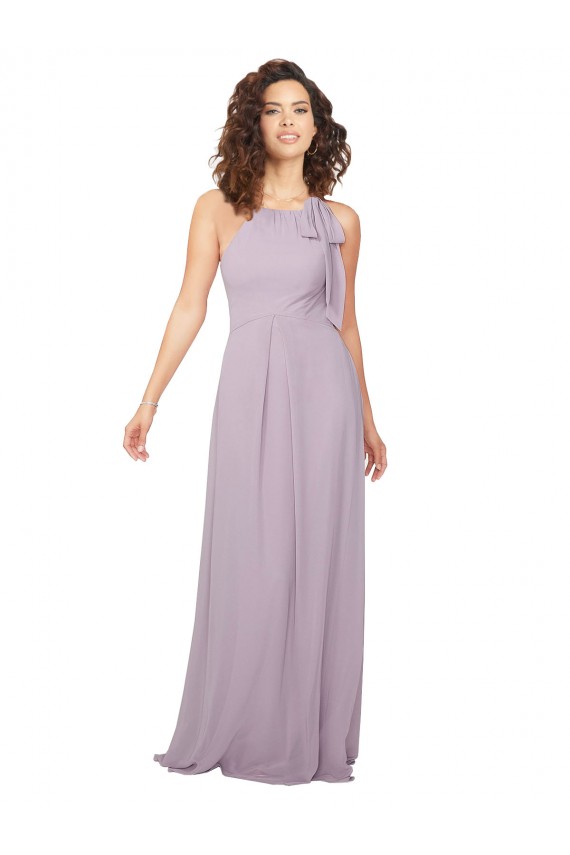 Compre Resplandor rosa línea A Halter Gasa Largo Vestidos de dama de honor