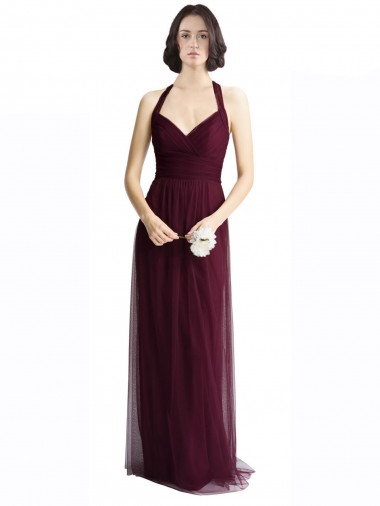 Compre Rojo 74 línea A Halter Cuello en V Tul Largo Vestidos de dama de honor