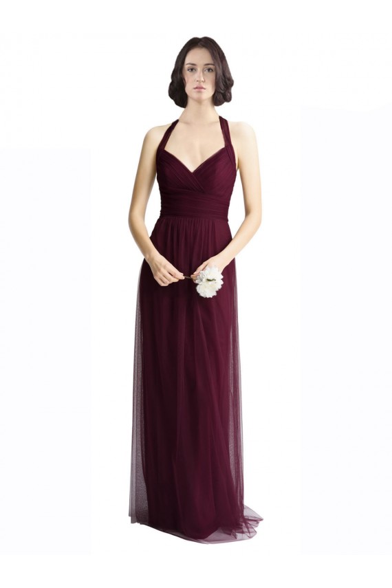 Compre Rojo 74 línea A Halter Cuello en V Tul Largo Vestidos de dama de honor