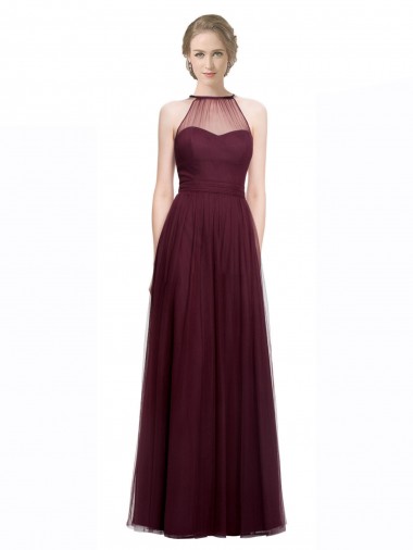 Compre Rojo 74 línea A Halter Ilusión Tul Largo Vestidos de dama de honor