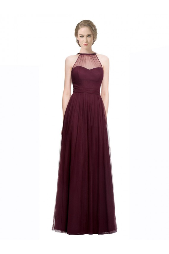 Compre Rojo 74 línea A Halter Ilusión Tul Largo Vestidos de dama de honor