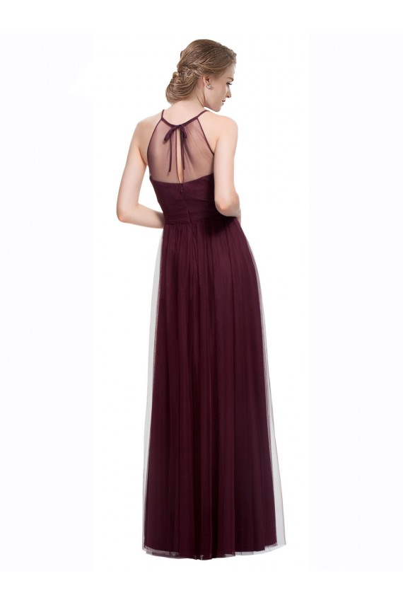 Compre Rojo 74 línea A Halter Ilusión Tul Largo Vestidos de dama de honor