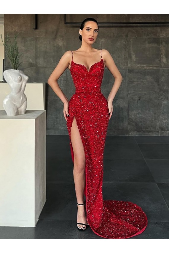 Compre Rojo Cubierta Cuello en V Barrer tren Lentejuelas Terciopelo Largo Vestidos de fiesta