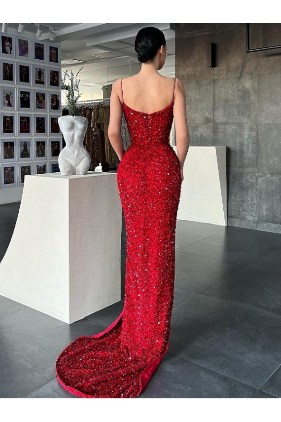 Compre Rojo Cubierta Cuello en V Barrer tren Lentejuelas Terciopelo Largo Vestidos de fiesta