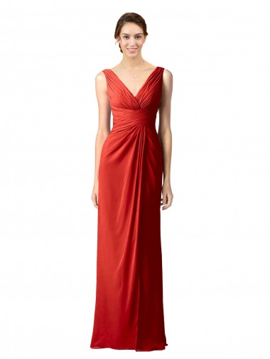 Compre Rojo Cubierta Cuello en V Gasa Largo Vestidos de dama de honor