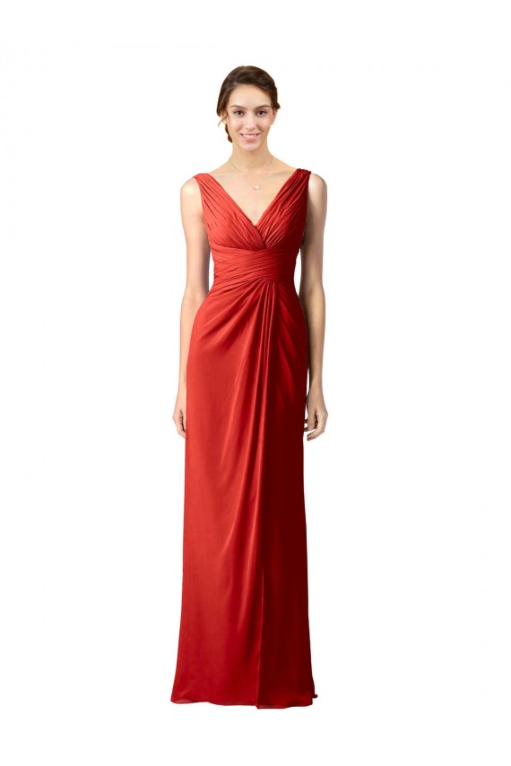 Compre Rojo Cubierta Cuello en V Gasa Largo Vestidos de dama de honor