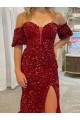 Compre Rojo Cubierta Hombros Descubiertos Cola corte Lentejuelas Terciopelo Largo Vestidos de fiesta