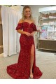 Compre Rojo Cubierta Hombros Descubiertos Cola corte Lentejuelas Terciopelo Largo Vestidos de fiesta