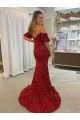 Compre Rojo Cubierta Hombros Descubiertos Cola corte Lentejuelas Terciopelo Largo Vestidos de fiesta