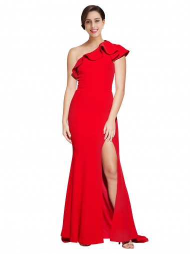 Compre Rojo Cubierta Un Hombre Barrer tren Crepé Elástico Largo Vestidos de dama de honor / Vestidos de fiesta