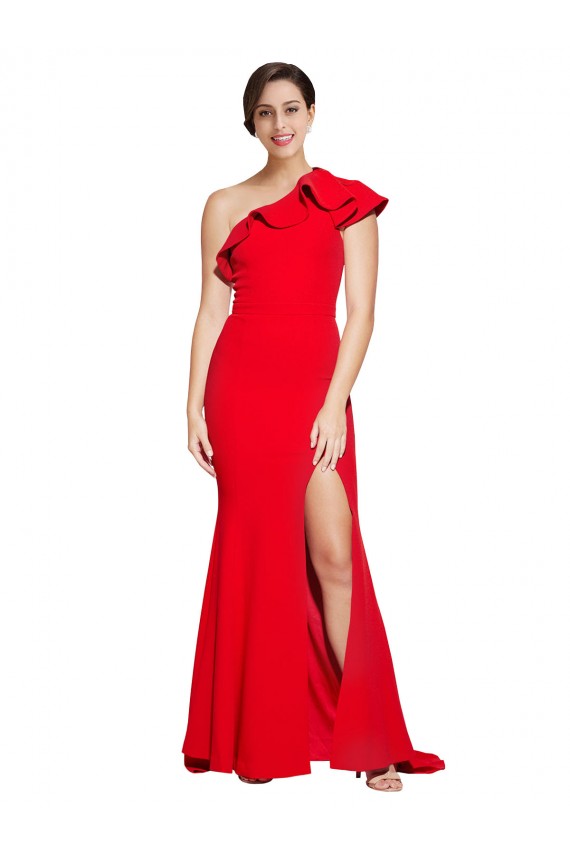 Compre Rojo Cubierta Un Hombre Barrer tren Crepé Elástico Largo Vestidos de dama de honor / Vestidos de fiesta