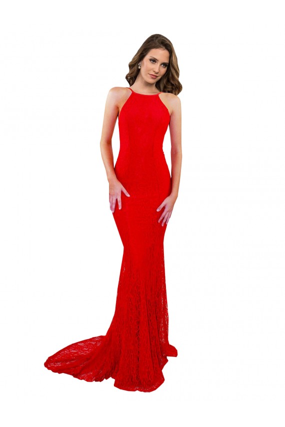 Compre Rojo Sirena Cuello Alto Encaje Largo Formales Vestidos de dama de honor / Vestidos de fiesta