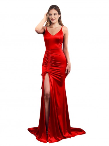 Compre Rojo Sirena Cuello de Corazón Satén elástico Largo Formales Vestidos de dama de honor / Vestidos de fiesta