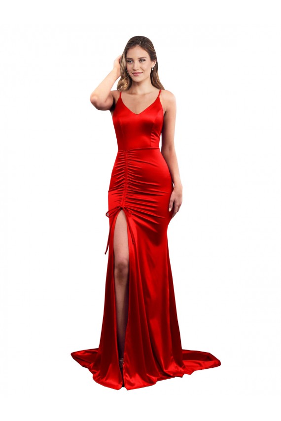 Compre Rojo Sirena Cuello de Corazón Satén elástico Largo Formales Vestidos de dama de honor / Vestidos de fiesta