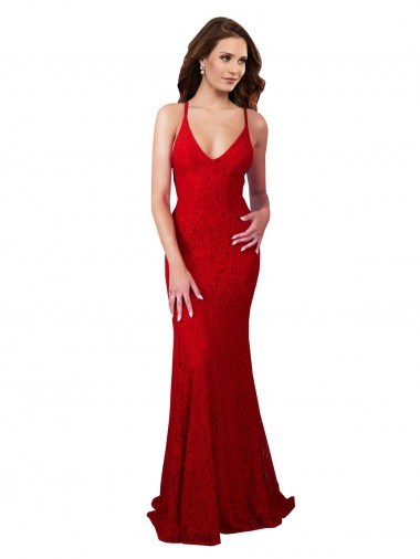 Compre Rojo Sirena Cuello en V Encaje Largo Formales Vestidos de dama de honor / Vestidos de fiesta