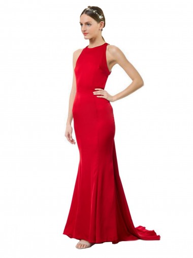 Compre Rojo Sirena Halter Cuello Alto Crepé Elástico Largo Formales Vestidos de dama de honor / Vestidos de fiesta