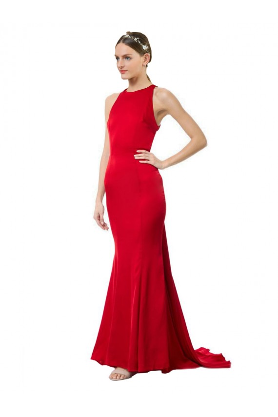 Compre Rojo Sirena Halter Cuello Alto Crepé Elástico Largo Formales Vestidos de dama de honor / Vestidos de fiesta