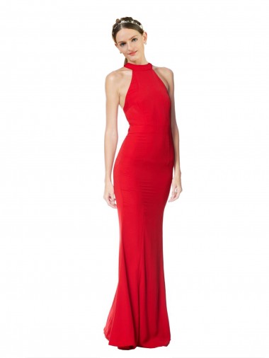 Compre Rojo Sirena Halter Cuello Alto Crepé Elástico Largo Formales Vestidos de dama de honor / Vestidos de fiesta