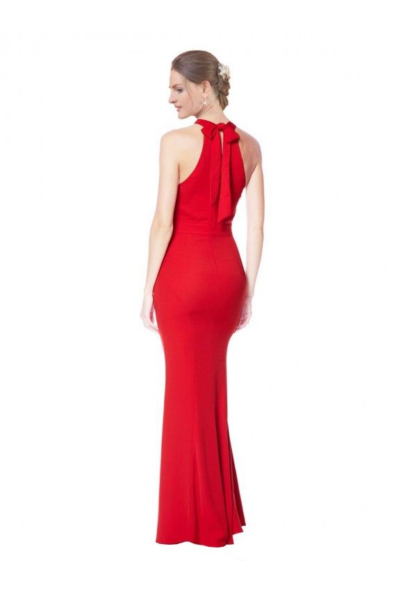 Compre Rojo Sirena Halter Cuello Alto Crepé Elástico Largo Formales Vestidos de dama de honor / Vestidos de fiesta