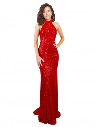 Compre Rojo Sirena Halter Cuello Alto Lentejuela Largo Formales Vestidos de dama de honor / Vestidos de fiesta