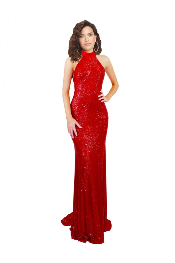 Compre Rojo Sirena Halter Cuello Alto Lentejuela Largo Formales Vestidos de dama de honor / Vestidos de fiesta